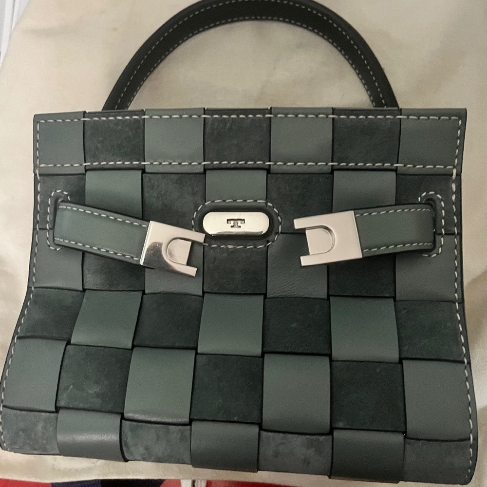 New Tory Burch Lee Radziwill Woven Leather Petite Double Bag in Arctic $900
